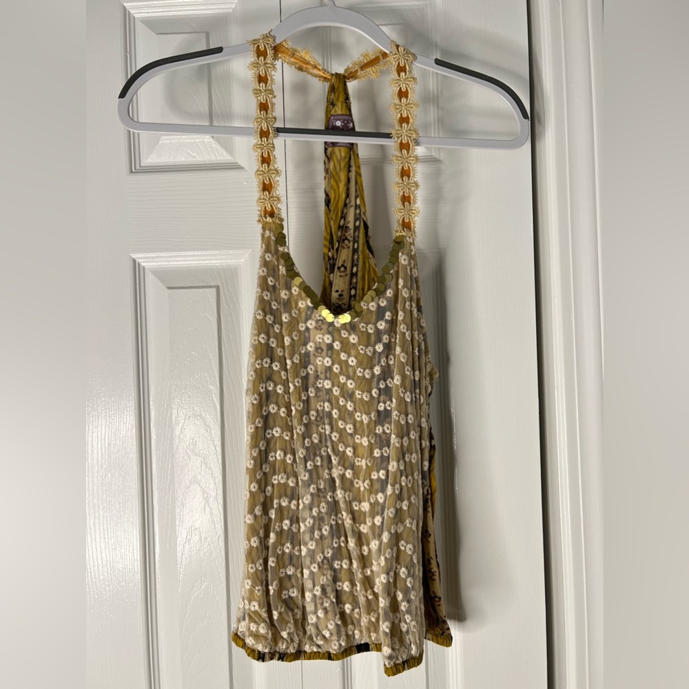 Free People Gold/Yellow Tank Top with Lace Overlay